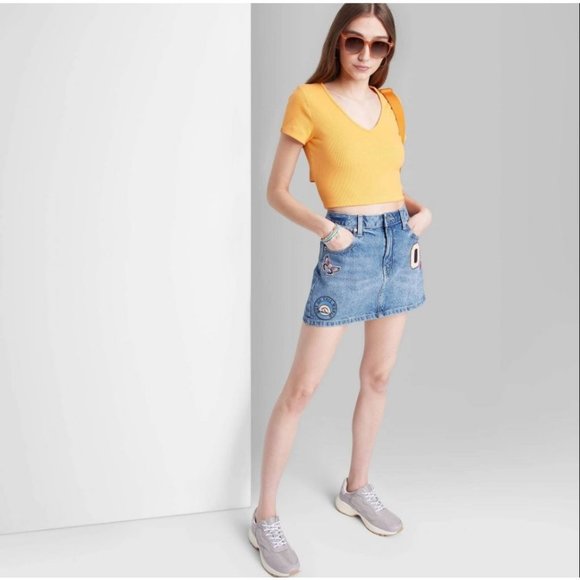 Wild Fable Women's Low-Rise Denim Mini Skirt - Medium Wash Patches 12 - Picture 1 of 4